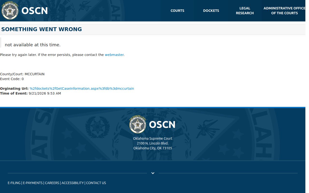 OSCN case detail showing McCurtain County bench warrant event fields