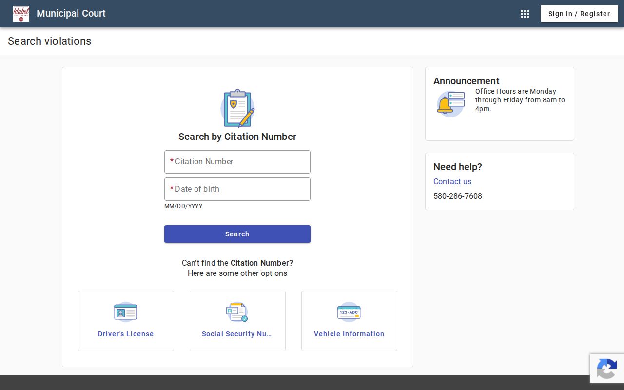Idabel municipal court citation fields for traffic warrant records