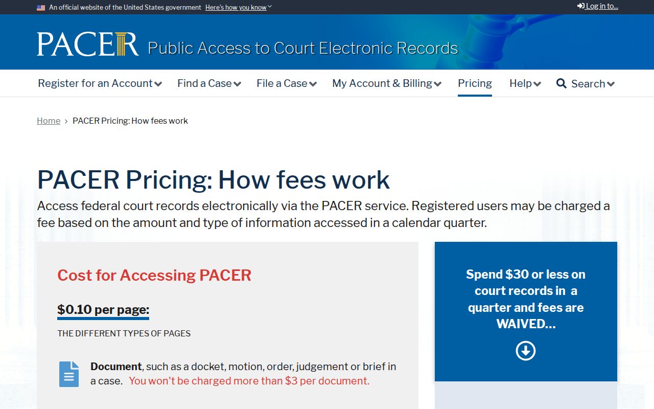 PACER federal court access and pricing information for McCurtain warrant research